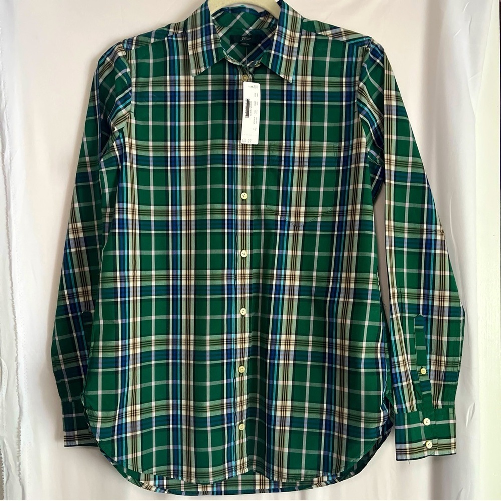 NWT! J. Crew Women’s Green Blue Plaid Button Shirt Sz2 Pocket Collared Cotton